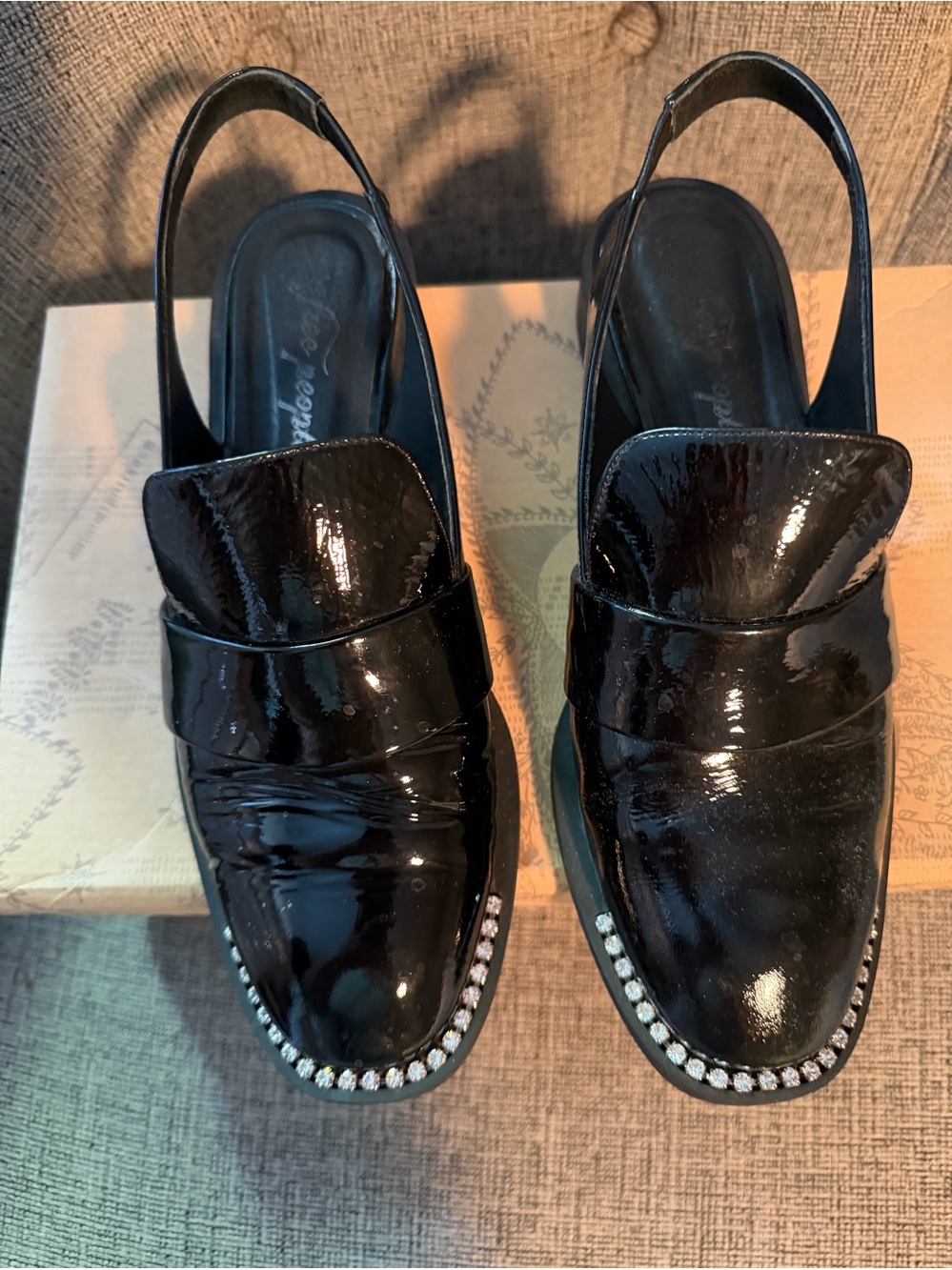Free People Black Patent Slingback Loafers with Rhinestone Trim